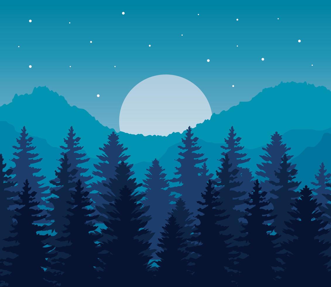 paisaje de pinos y luna sobre fondo azul diseño vectorial vector