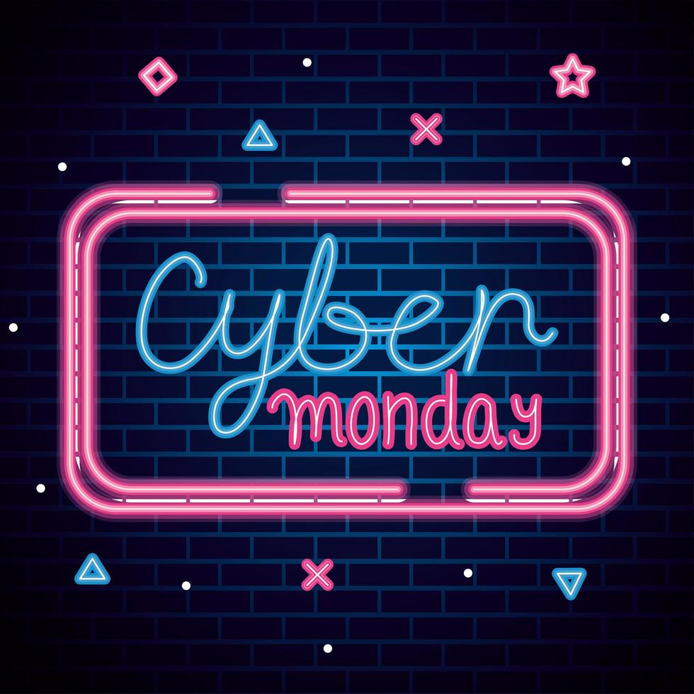 Cyber Monday neon en diseño de vector de fondo de ladrillos