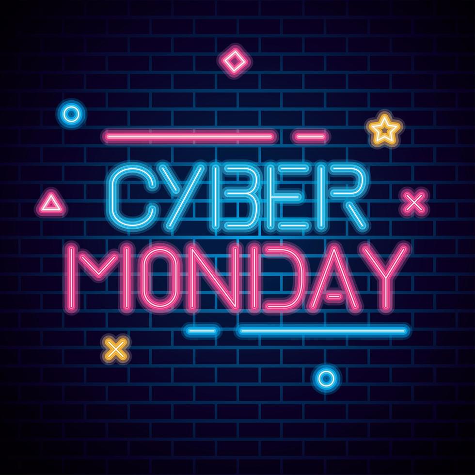 Cyber Monday neon en diseño de vector de fondo de ladrillos