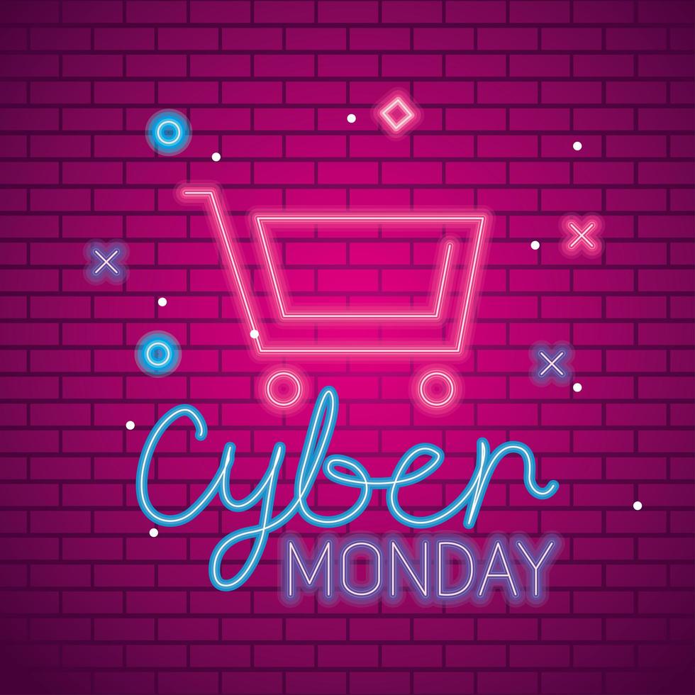 Cyber Monday con carro de neón en el diseño de vectores de fondo de ladrillos