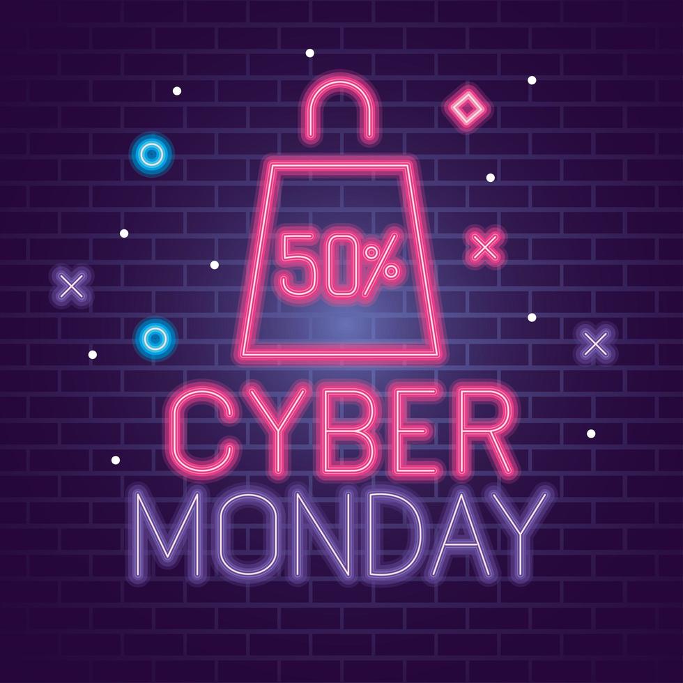 Cyber Monday con bolsa de neón en diseño de vector de fondo de ladrillos