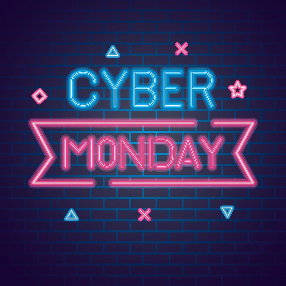 Cyber Monday neon en diseño de vector de fondo de ladrillos