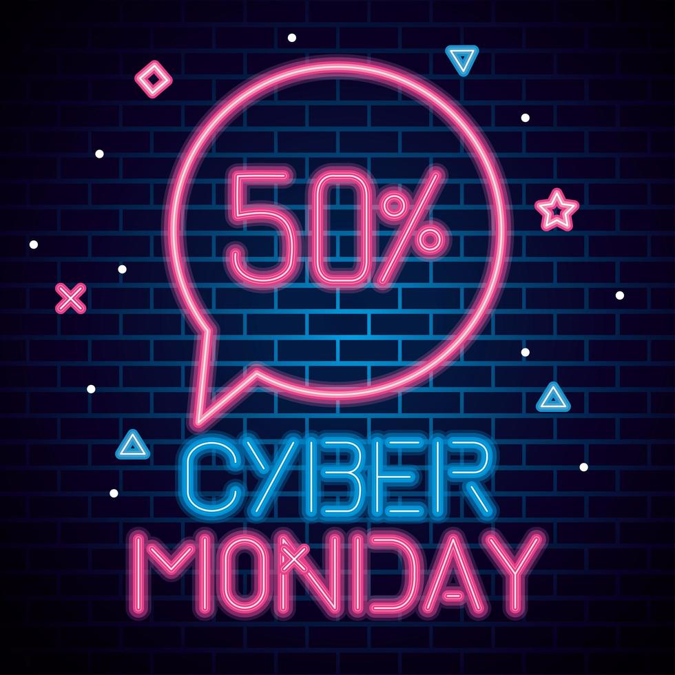 cyber monday with 50 sale neon on bricks background vector design