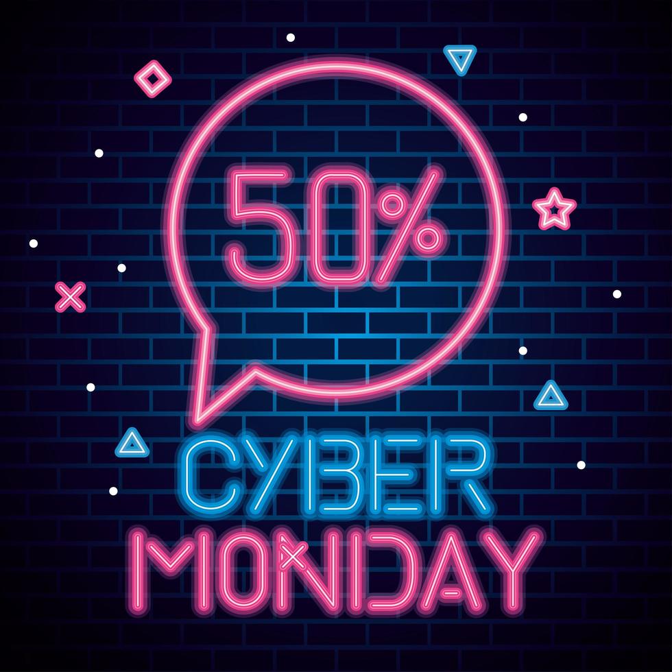 Cyber Monday con 50 neón de venta en diseño de vector de fondo de ladrillos