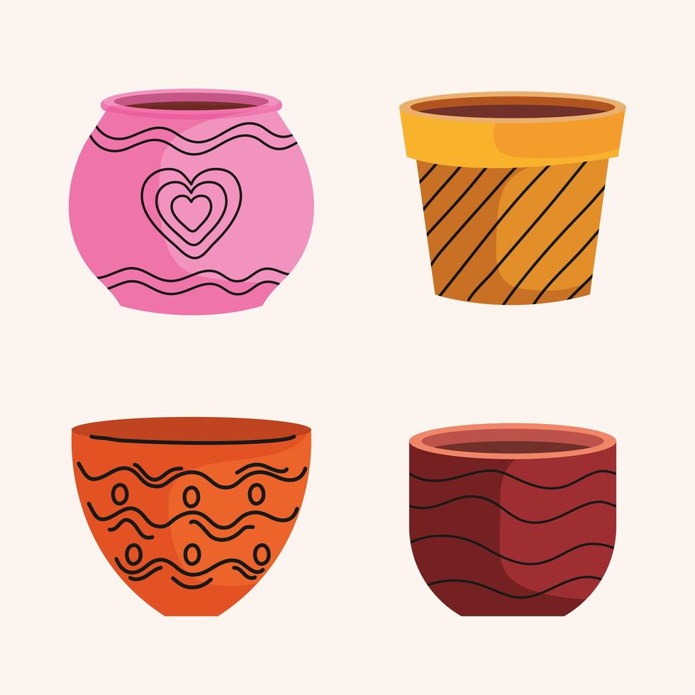 bundle of empty ceramics pots of garden icons vector