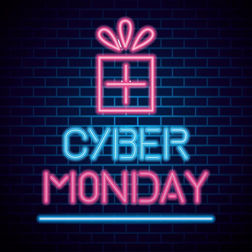 cyber monday with gift neon on bricks background vector design
