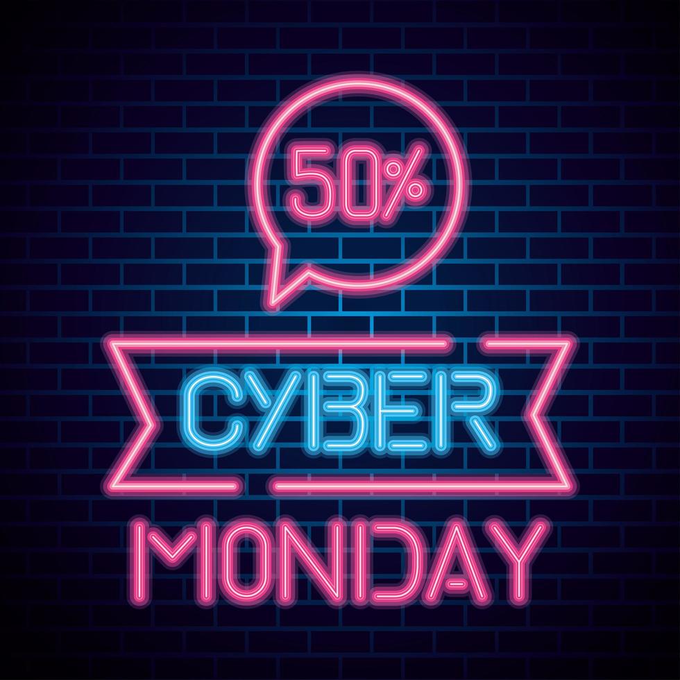 Cyber Monday con 50 neón de venta en diseño de vector de fondo de ladrillos