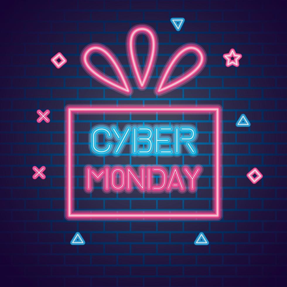 Cyber Monday con neón de regalo en diseño de vector de fondo de ladrillos