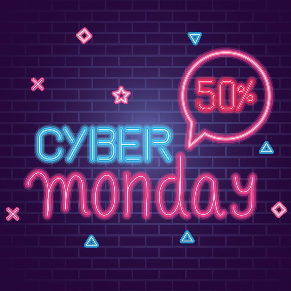 Cyber Monday con 50 neón de venta en diseño de vector de fondo de ladrillos