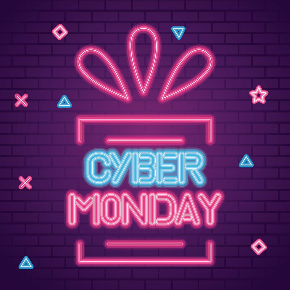 Cyber Monday con neón de regalo en diseño de vector de fondo de ladrillos