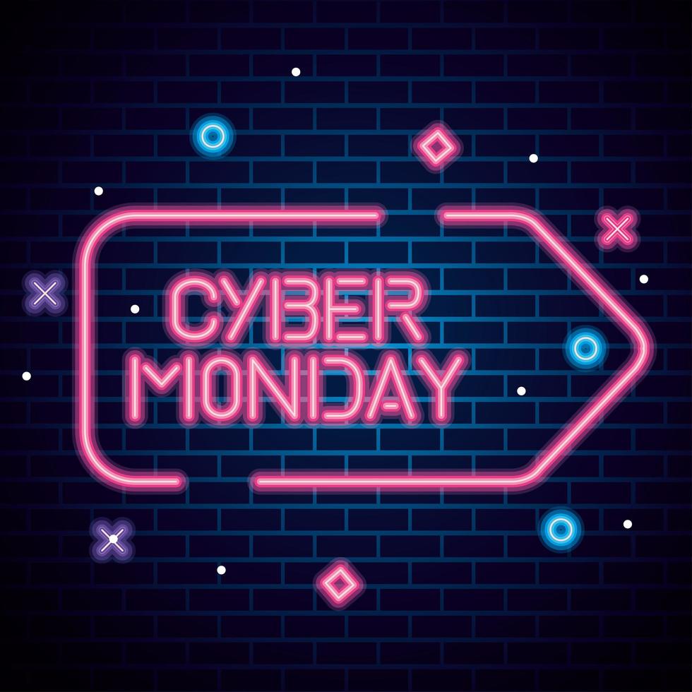 Cyber Monday en etiqueta de neón en diseño de vectores de fondo de ladrillos