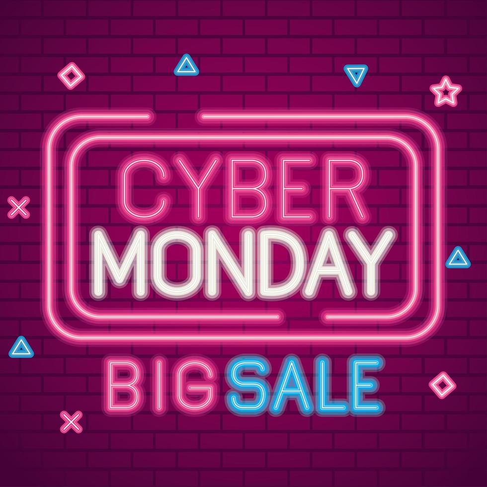 Cyber Monday neon en diseño de vector de fondo de ladrillos