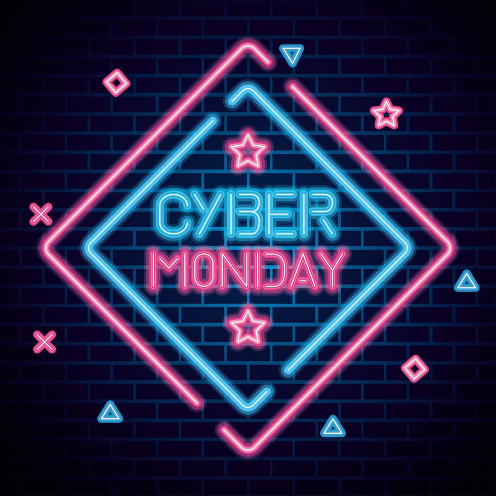 Cyber Monday neon en diseño de vector de fondo de ladrillos