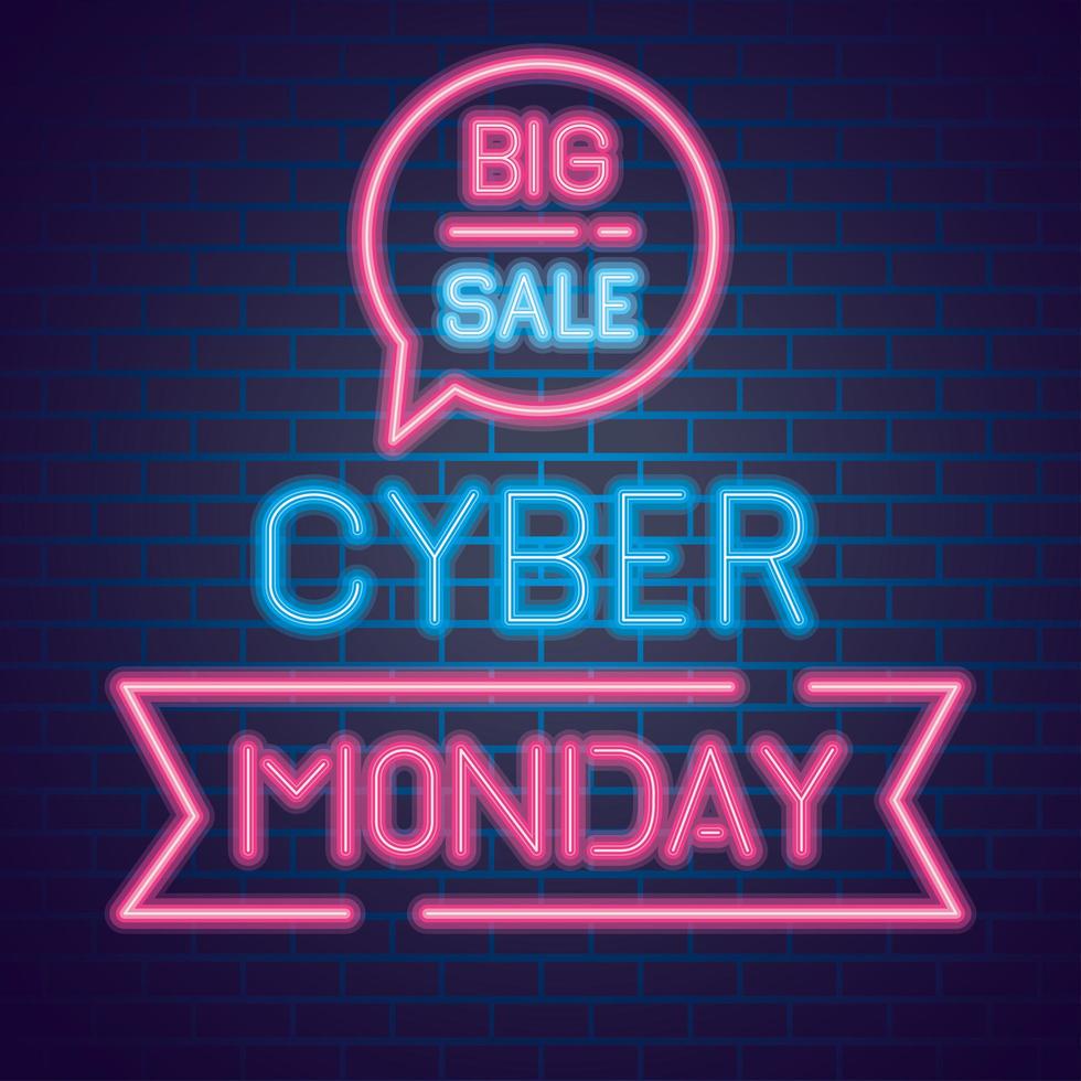 Cyber Monday y gran venta de neón en el diseño de vectores de fondo de ladrillos