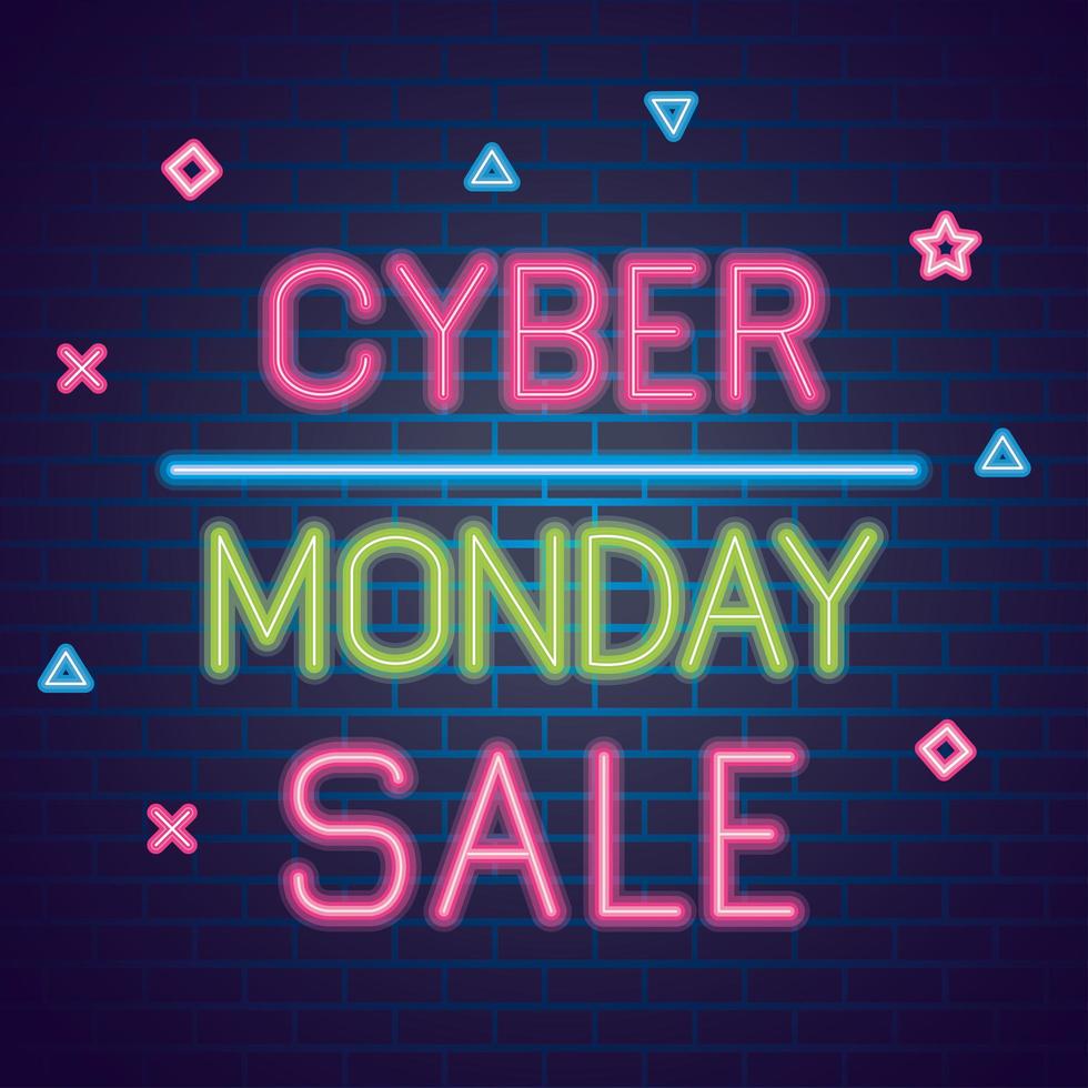 Cyber Monday neon en diseño de vector de fondo de ladrillos