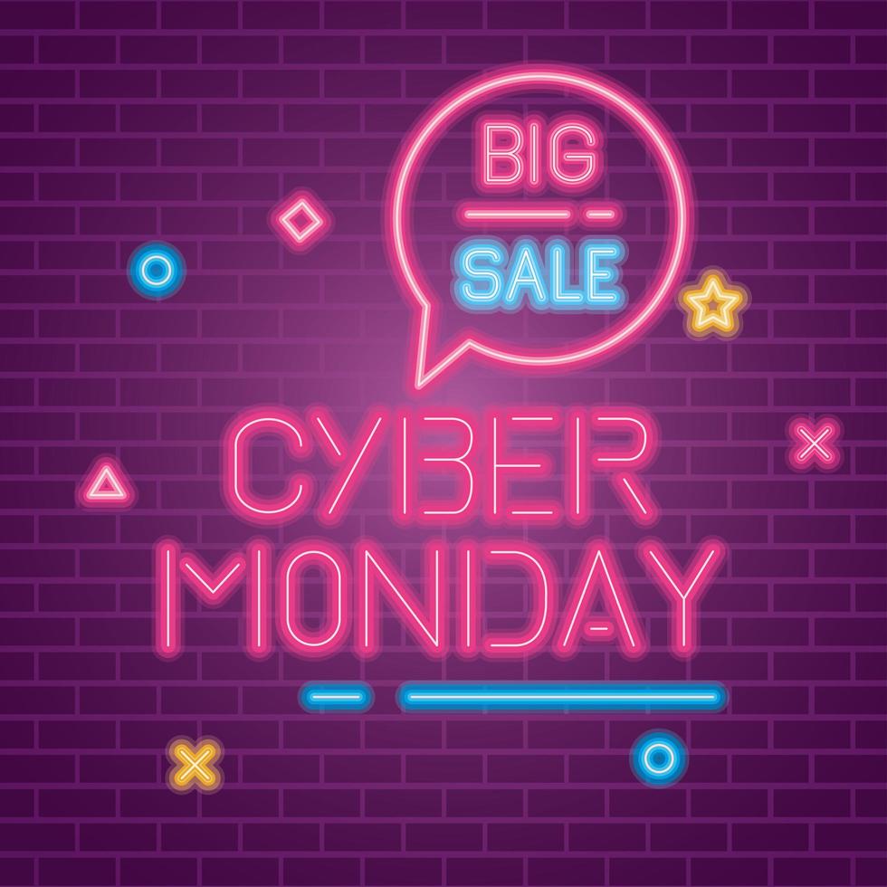 Cyber Monday y gran venta de neón en el diseño de vectores de fondo de ladrillos