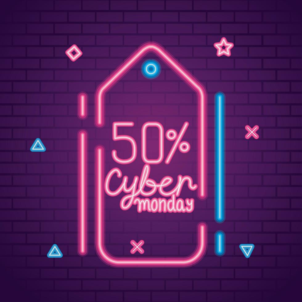 Venta de Cyber Monday 50 en etiqueta de neón en diseño de vector de fondo de ladrillos