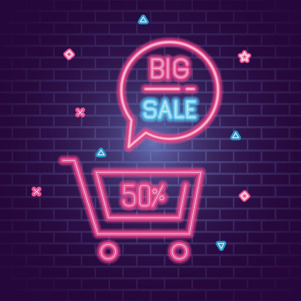 cyber monday with cart and bubble neon on bricks background vector design