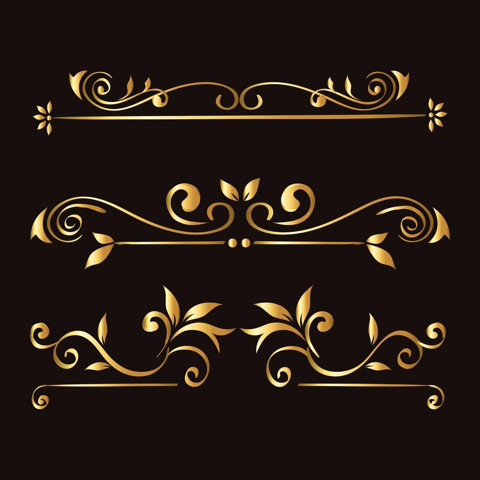 gold ornament element icon set on black background vector design