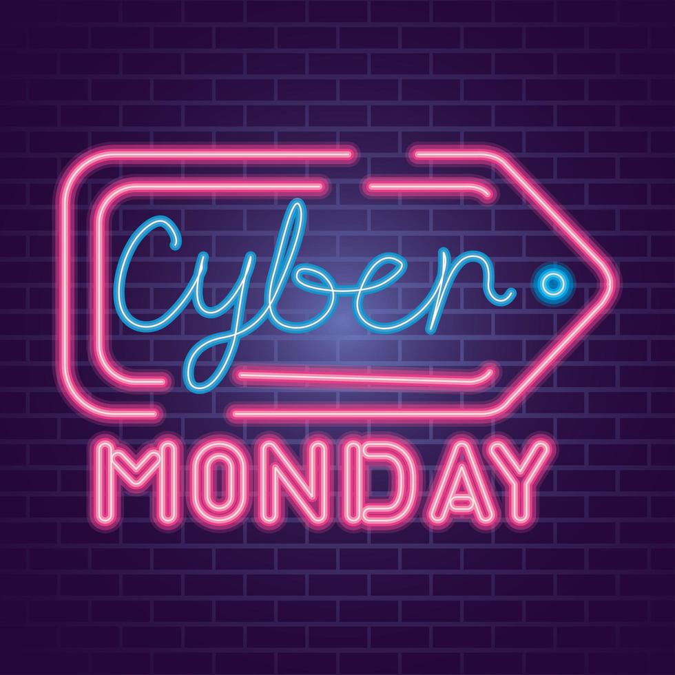 Cyber Monday en etiqueta de neón en diseño de vectores de fondo de ladrillos