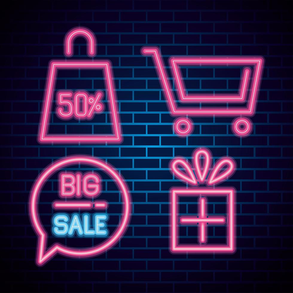 Cyber Monday icono de neón en diseño vectorial de fondo de ladrillos vector