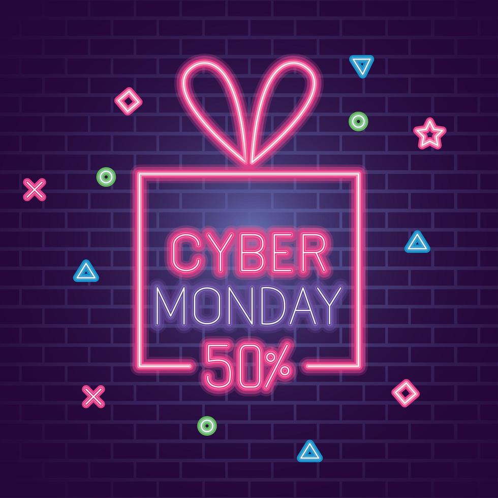 Cyber Monday con neón de regalo en diseño de vector de fondo de ladrillos