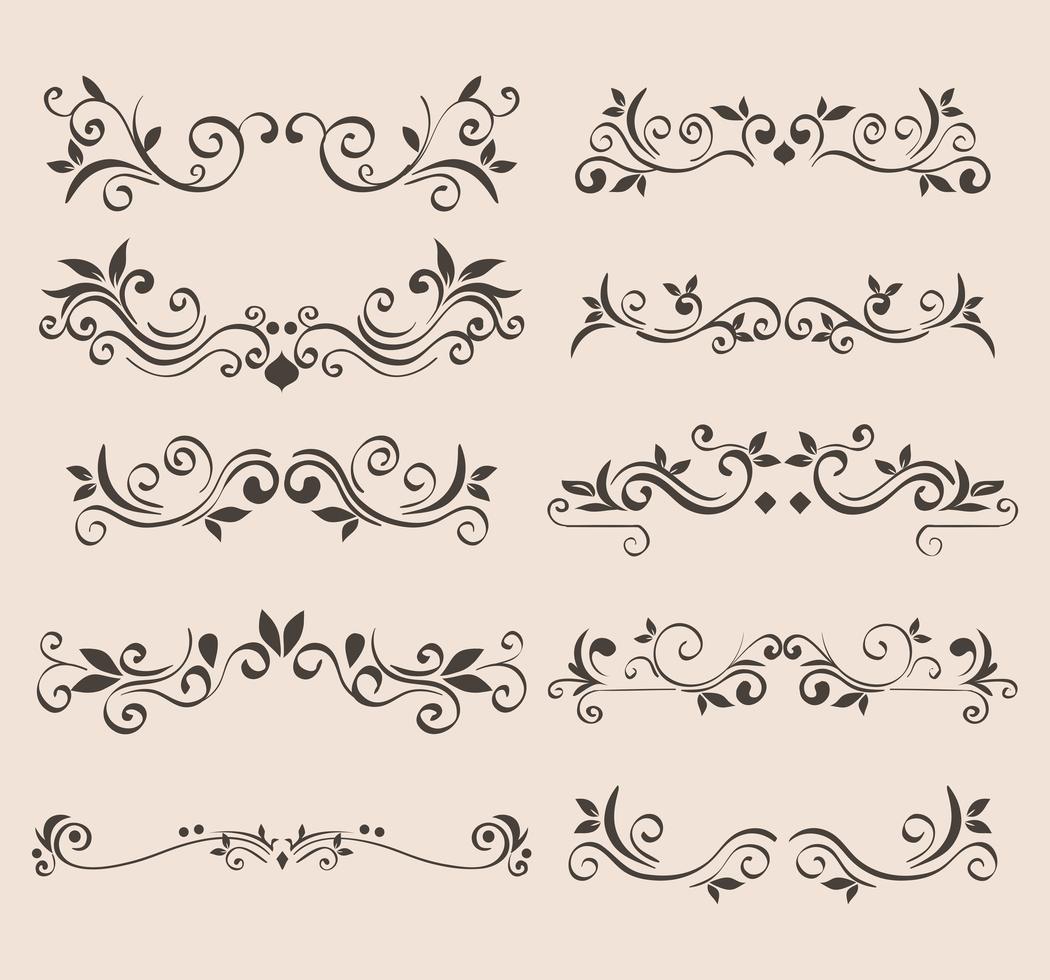 black ornament element icon set on isolated background vector design