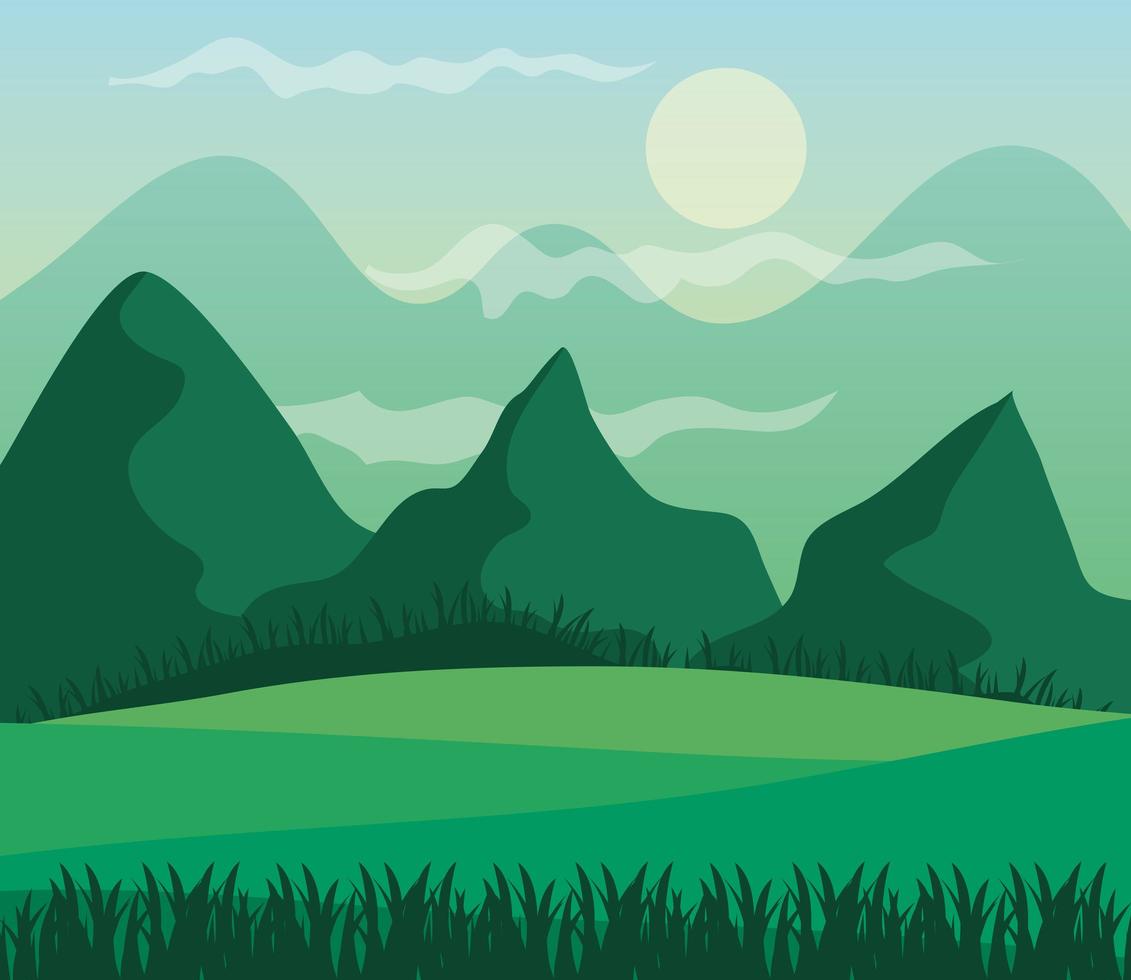 paisaje de montañas y sol sobre fondo verde diseño vectorial vector