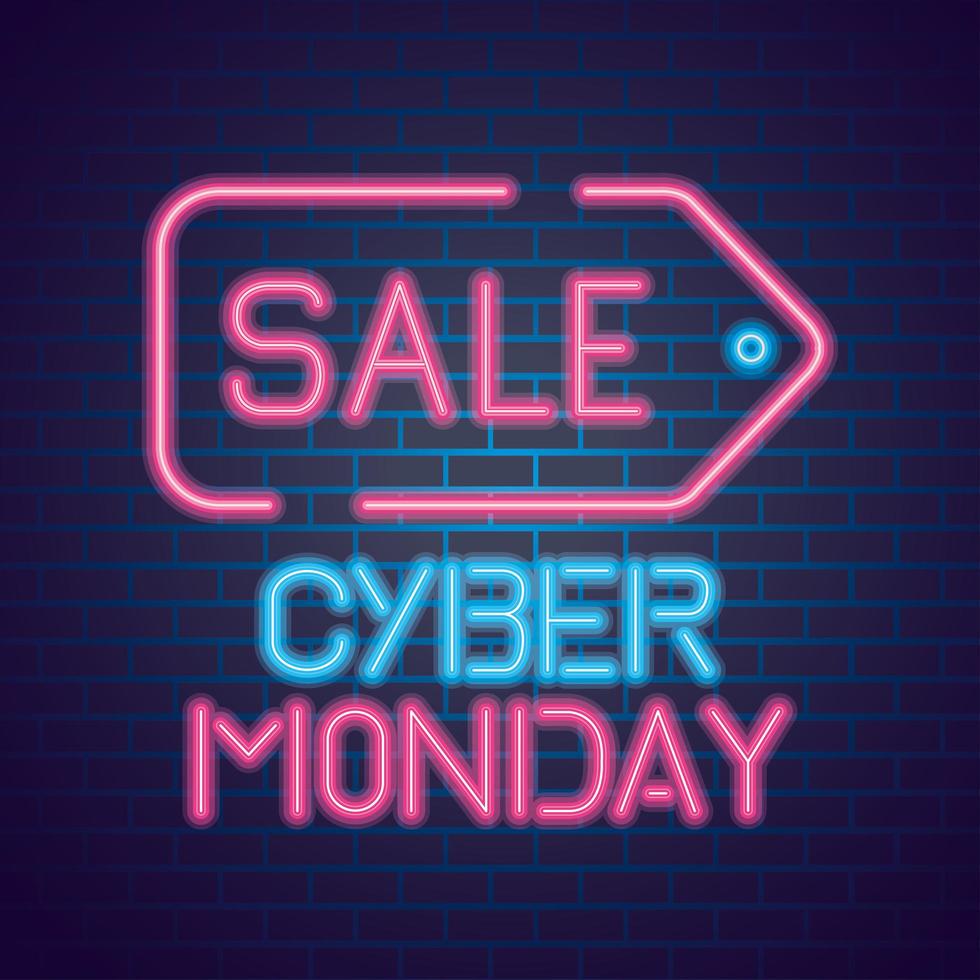 Venta cyber monday neón en diseño de vector de fondo de ladrillos