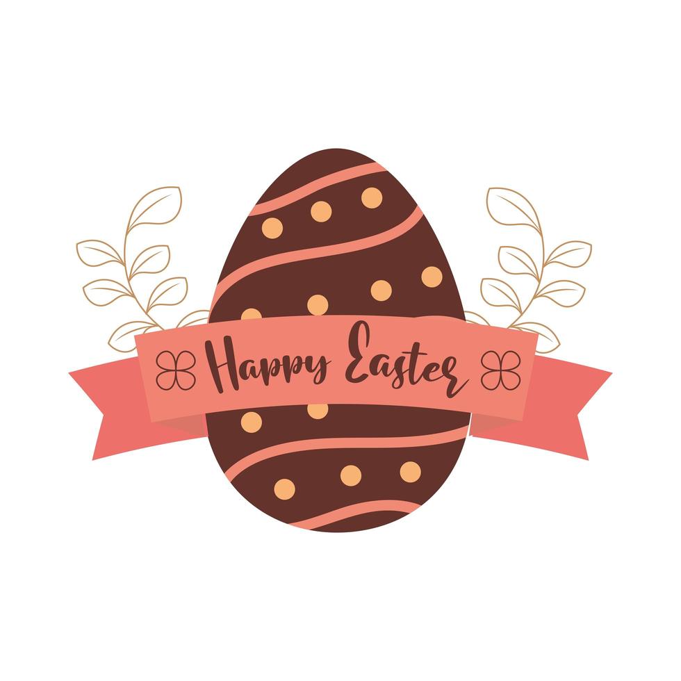 Feliz Pascua huevo marrón floral y cinta fondo blanco. vector