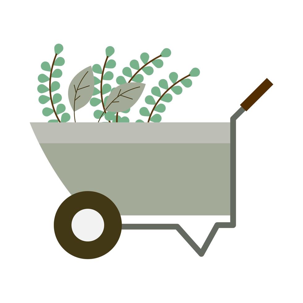 gardening wheelbarrow plants foliage icon on white background vector