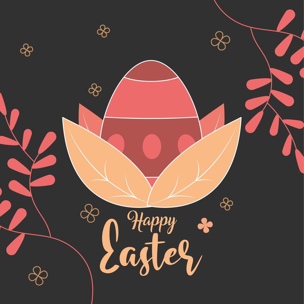 happy easter decorative egg leaves foliage dark background vector