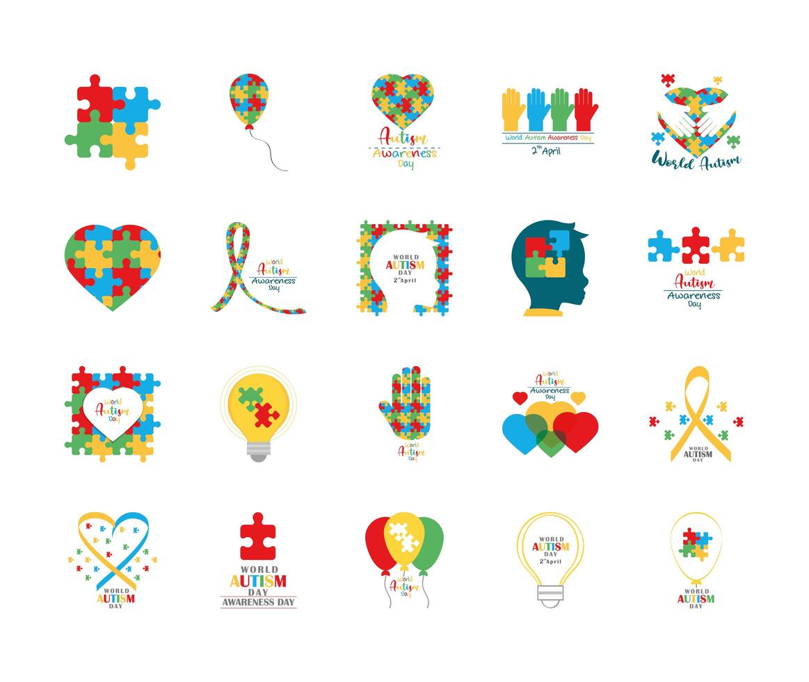 set autism awareness day puzzles head child heart hand balloon ribbon and bulb icon vector