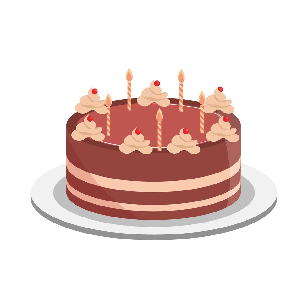 pastel de cumpleaños, crema de chocolate y velas encendidas vector