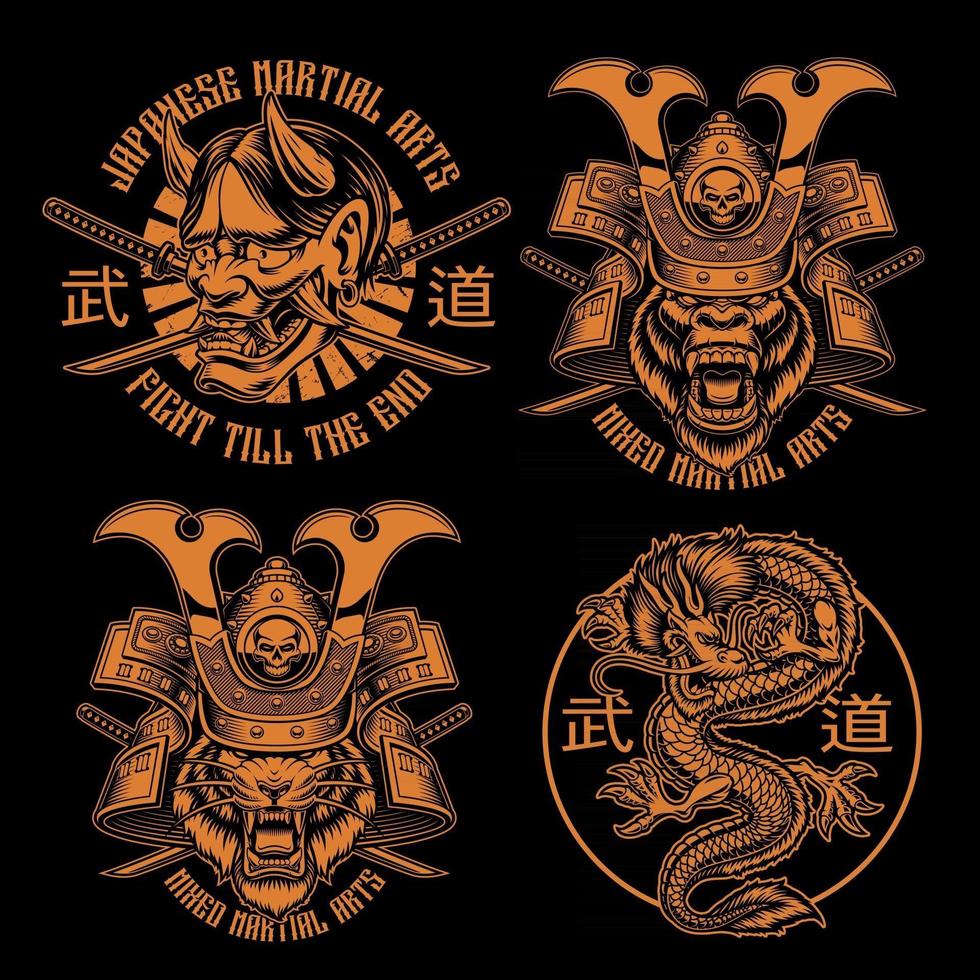 diseños de camisetas de samurai en blanco y negro vector