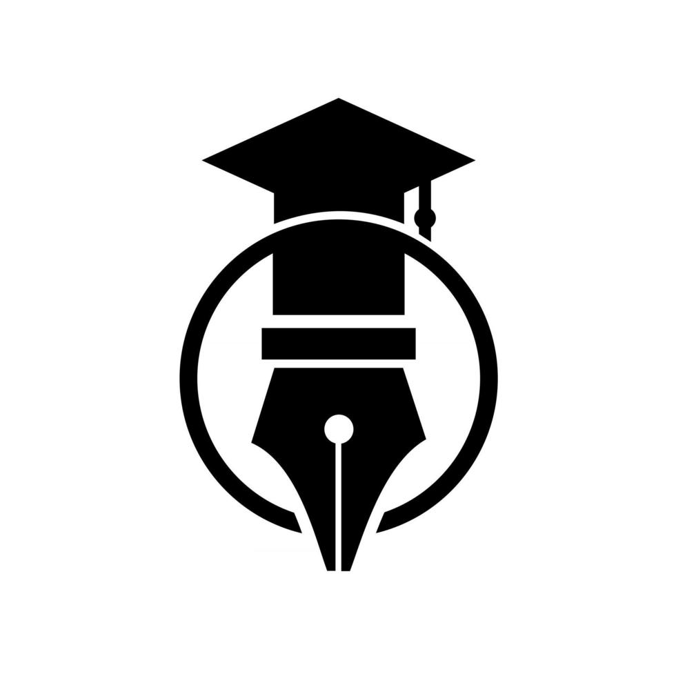 Pluma de concepto de logotipo de graduación con diseño de icono de ilustración de vector de sombrero de soltero