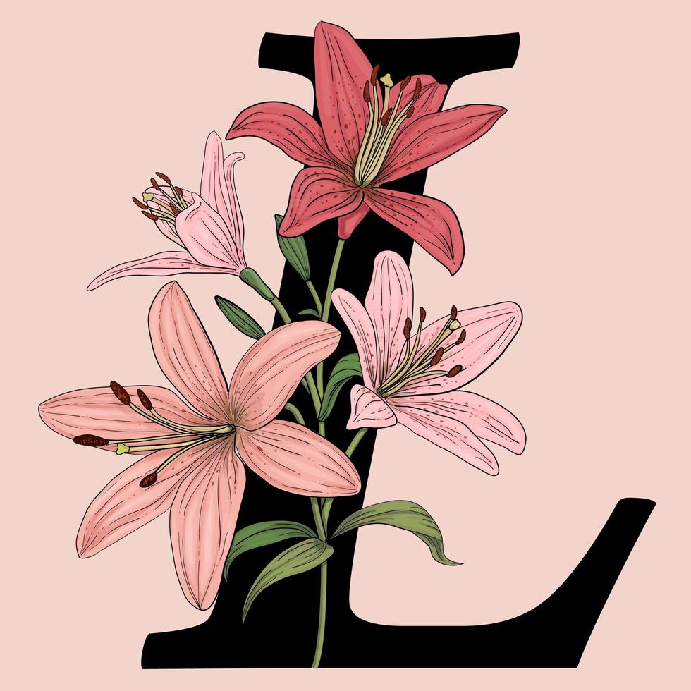 Letra l vector logo monograma con flores de lirio rosa