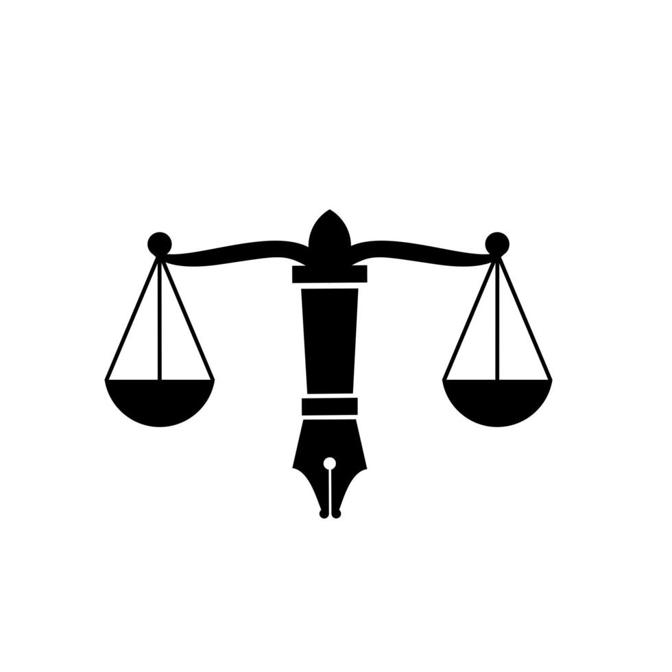 Ley con equilibrio judicial, símbolo de la escala de la justicia en un diseño de ilustración de vector de logotipo de plumilla