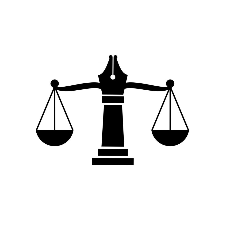 Ley con equilibrio judicial, símbolo de la escala de la justicia en un diseño de ilustración de vector de logotipo de plumilla