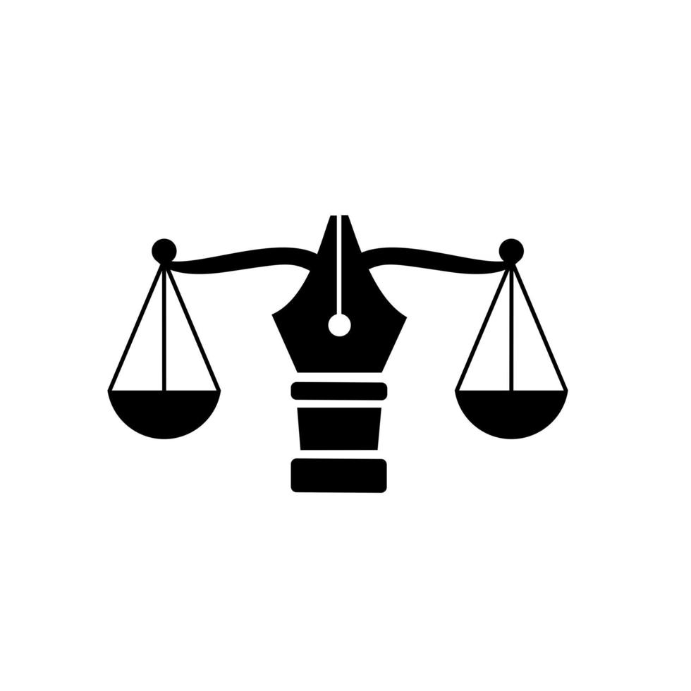 Ley con equilibrio judicial, símbolo de la escala de la justicia en un diseño de ilustración de vector de logotipo de plumilla