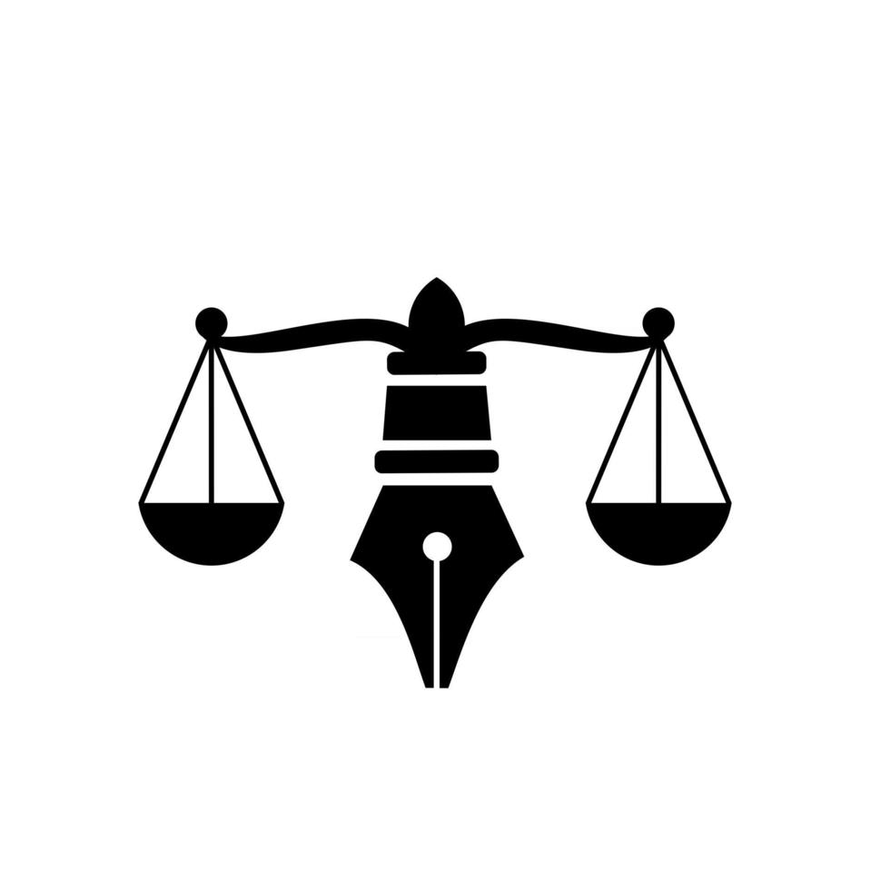 Ley con equilibrio judicial, símbolo de la escala de la justicia en un diseño de ilustración de vector de logotipo de plumilla