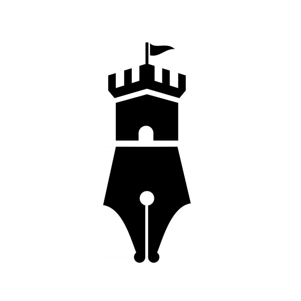 Pluma creativa con diseño de ilustración de icono de vector de logotipo de fortaleza de castillo