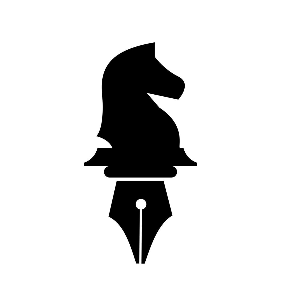 Periodista logo vector icono concepto caballo ajedrez y elementos de plumilla diseño plano adecuado para negocios de redactor de prensa