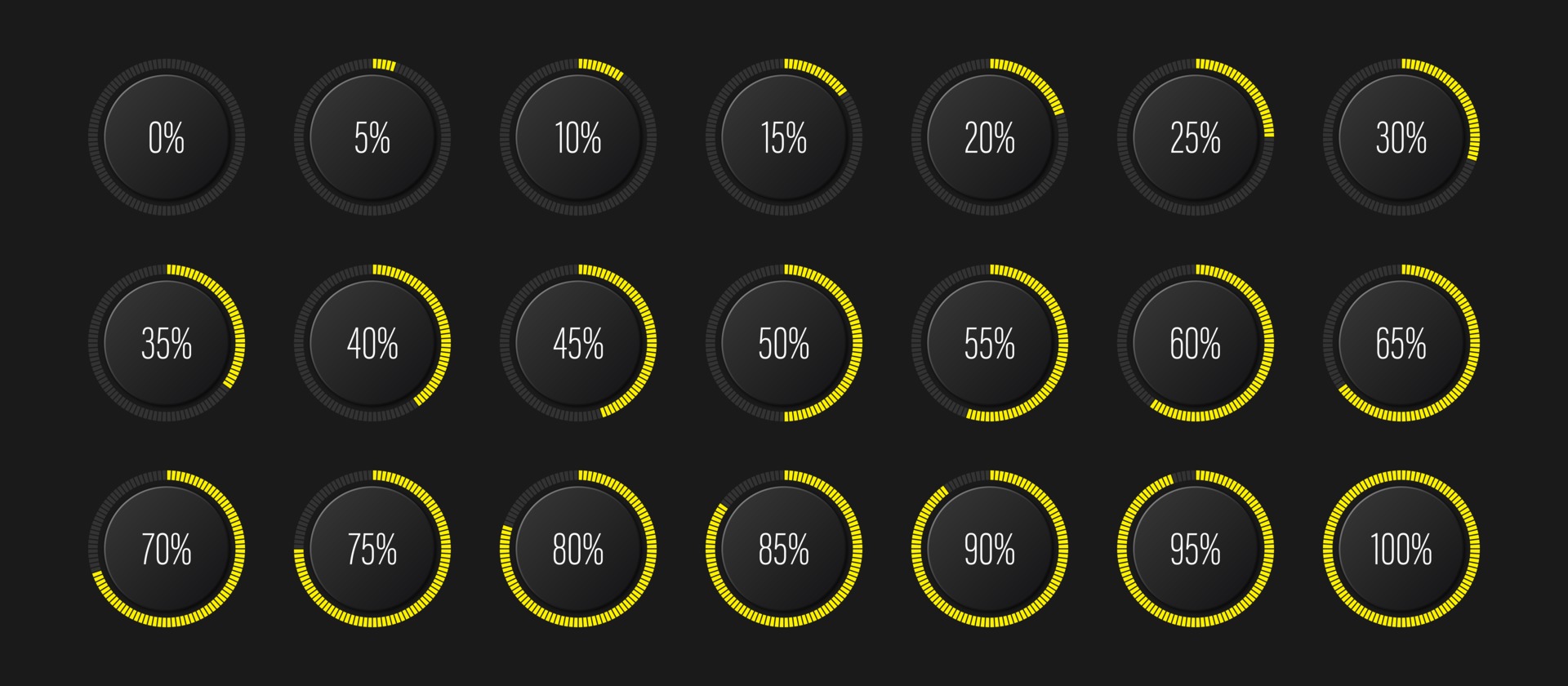 Set of semicircle arc percentage diagrams progress bar meters from 0 to