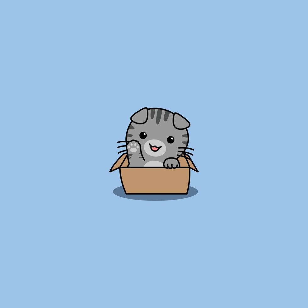 Cute scottish fold cat waving paw in the box cartoon vector