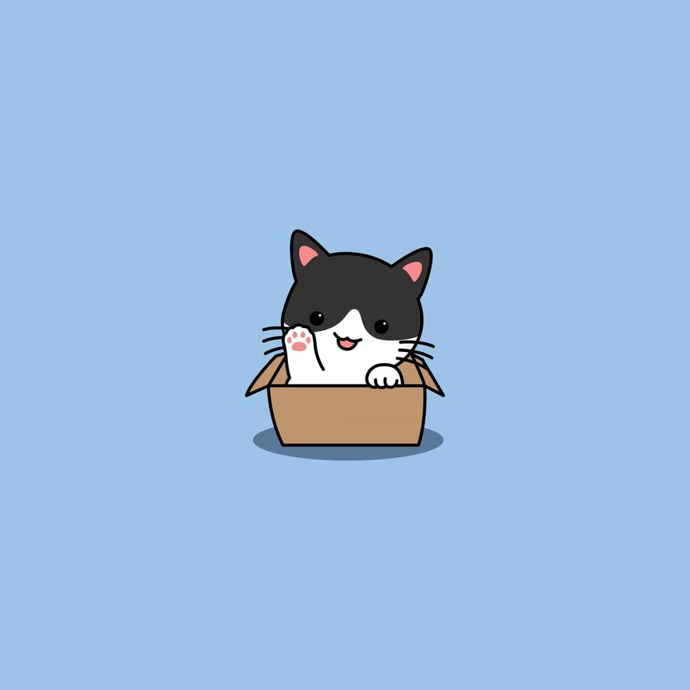 lindo gato agitando la pata en la caja de dibujos animados vector