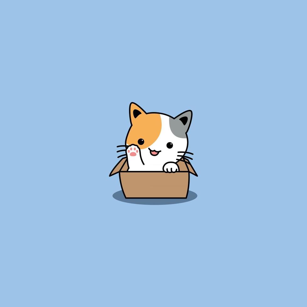 lindo gato de tres colores agitando la pata en la caja de dibujos animados vector