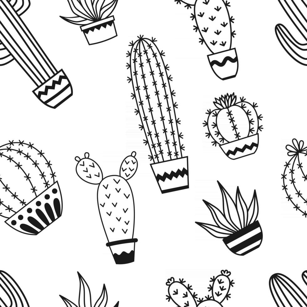 Seamless pattern with potted cactus Vector outline illustration drawings For design packaging textile background design postcards and posters