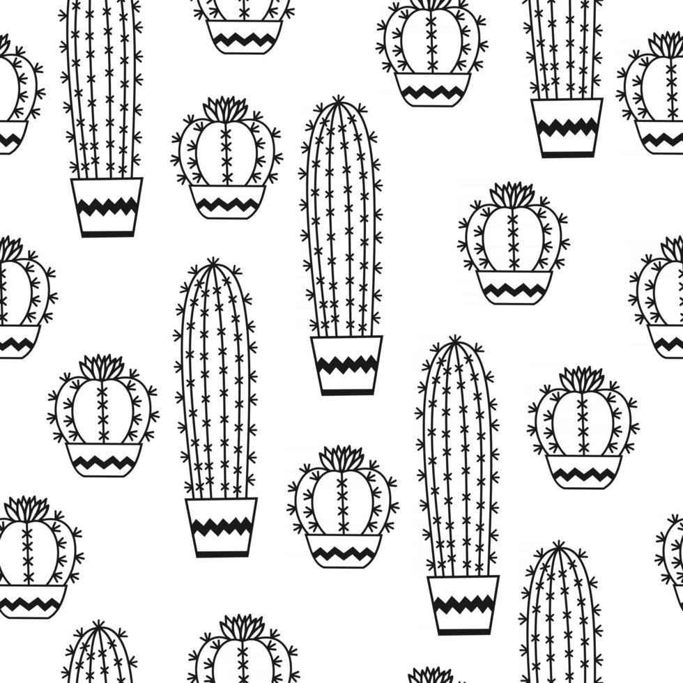 Seamless pattern with potted cactus Vector outline illustration drawings For design packaging textile background design postcards and posters