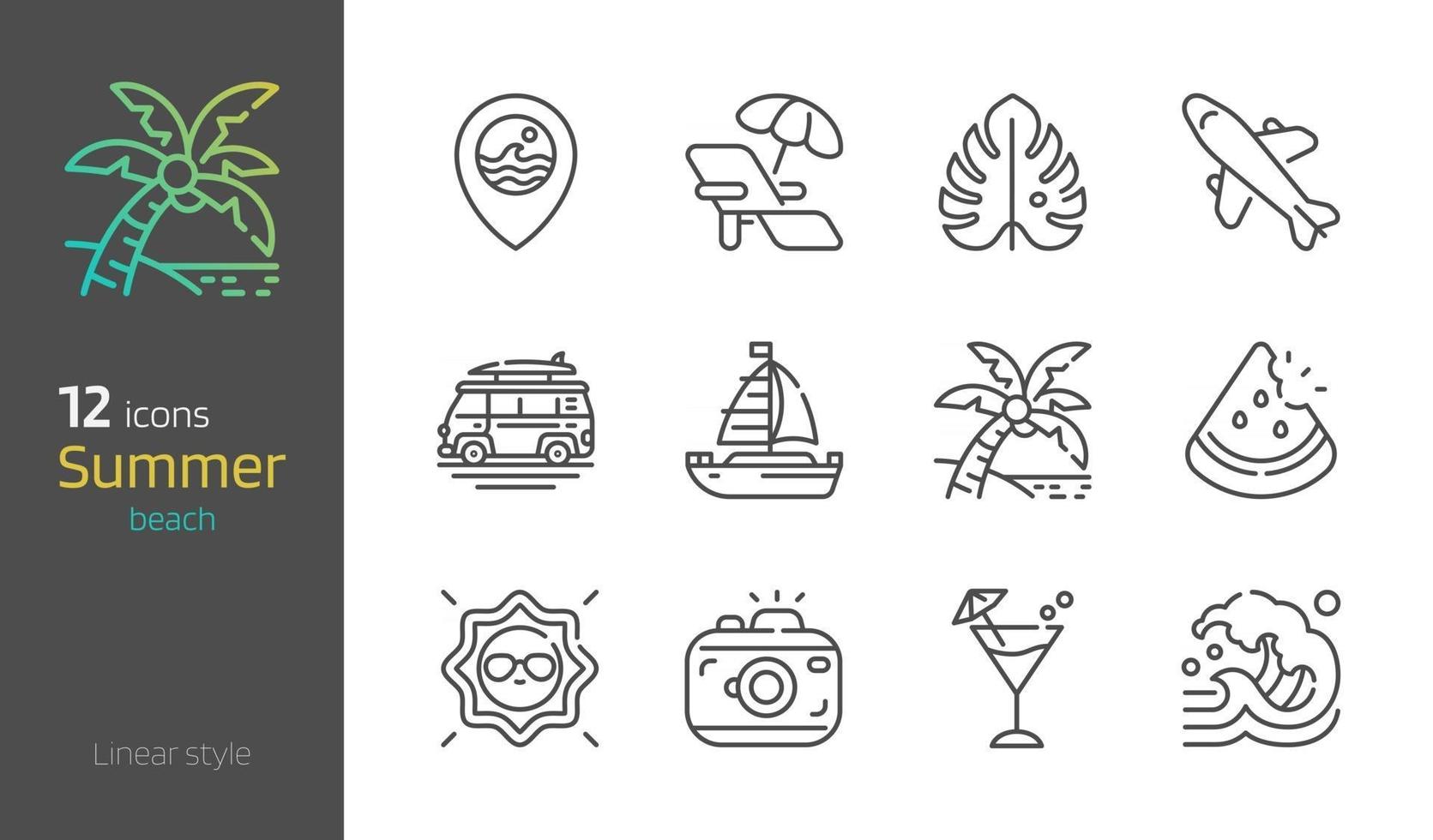 Summer beach thin linear icon set vector illustration